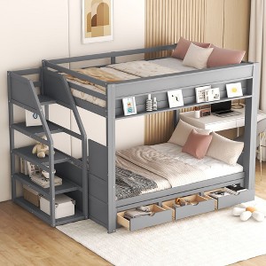 NicBex Full Size Convertible Bunk Bed with Guardrail and 3 Drawers,Wood Loft Bed with Storage Staircase and Bedside Table,Bunk Beds for Bedroom - 1 of 4