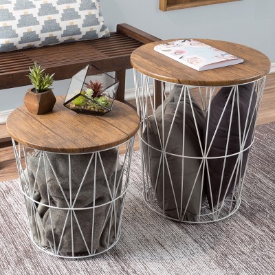 Hastings Home Wire and Wood Nesting Tables - 2 Pieces, White