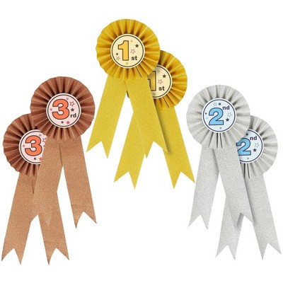 Juvale 6 Pack Rosette Recognition Award Ribbons Set for 1st, 2nd, 3rd Place - Gold, Silver, Bronze, 7.5 in