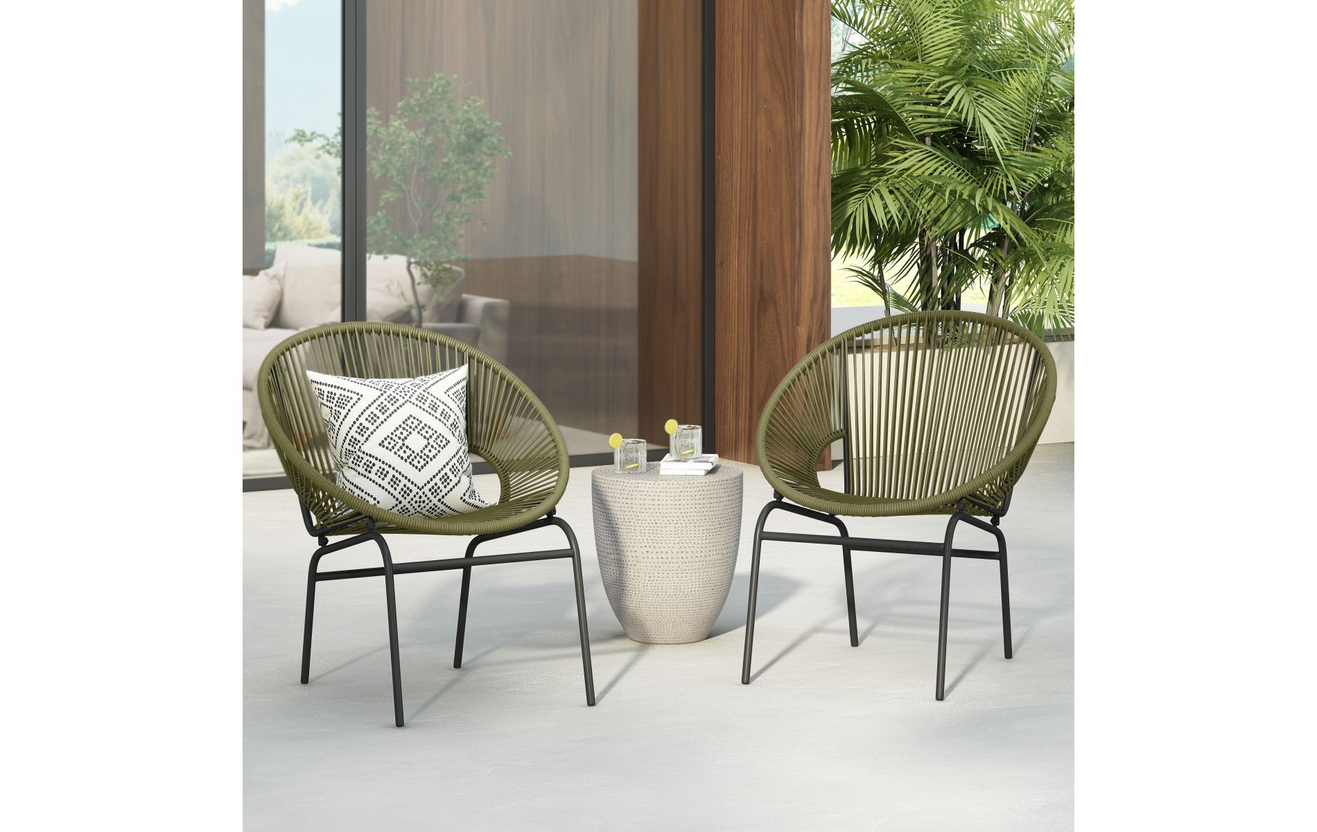 Set of 2 Woven Rattan Outdoor Lounge Chair with Rust Resistant Iron Frame, Modern Green Patio Chairs-3irtyhousy