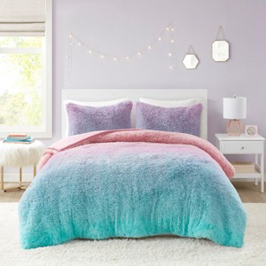 Stylish Ombre Shaggy Faux Fur Duvet Set, All Season Cozy Bedding Set, Colorful Home Textile for Modern Child's Bedroom Decor - 1 of 4