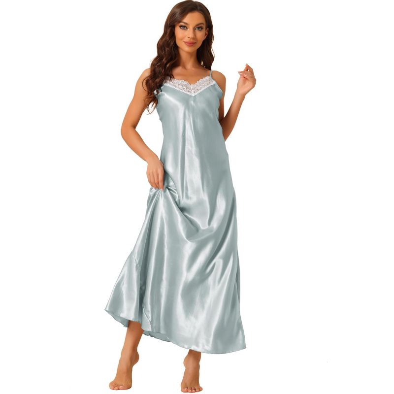 cheibear Women's Sleeveless Camisole V Neck Sleepwear Lace Trim Lounge Maxi Pajamas Nightgowns, 1 of 6