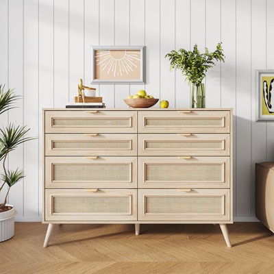 8 Drawer Double Dresser, Clothes Storage Cabinet Organizer, Natural Oak