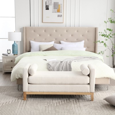 GDFStudio Julian Elegant Upholstered Boucle 53.5" Ottoman with Bolster Pillows and Rubber Wood Leg
