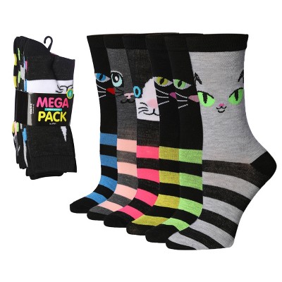 Tipi Toe Women's 6 Pairs Lightweight Colorful Feline Striped Charm Patterned Crew Socks