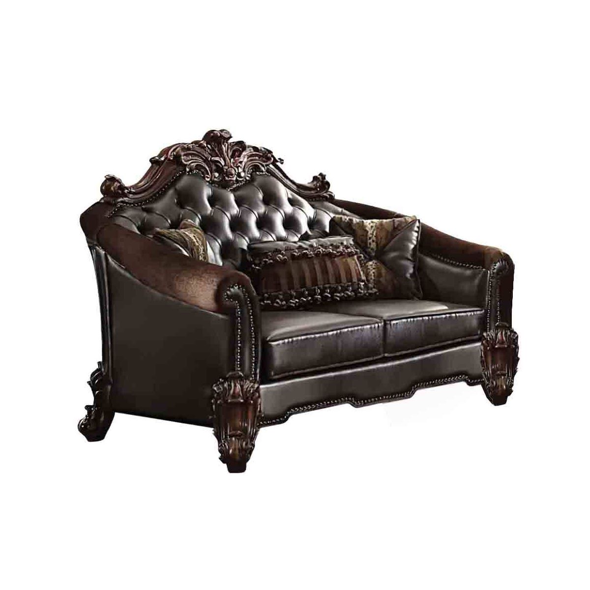 67" Vendome II Sofa Two Tone Dark Brown Synthetic Leather and Cherry Finish - Acme Furniture: Baroque Inspired, Crystal Button Tufting