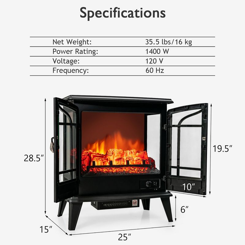 Costway 25'' Freestanding Electric Fireplace Heater Stove W/ Realistic Flame effect 1400W, 4 of 11