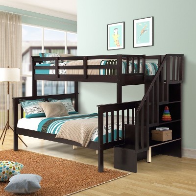 NicBex Twin over Full Bunk Bed Convertible Wood Bed Frame with Storage Stairs and Full Length Guardrail, No Box Spring Required