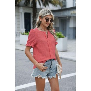 Womens Tops V Neck Puff Sleeve Jacquard Short Sleeve Top Blouse Shirts - 1 of 4