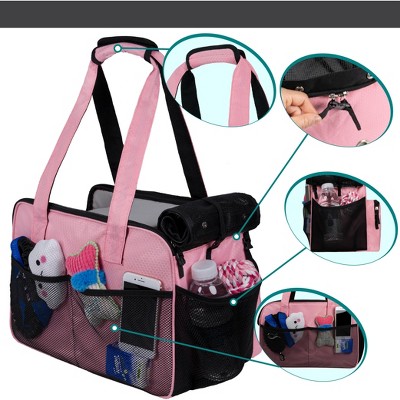 PetAmi Small Dog Purse Carrier, Soft Portable Pet Puppy Cat Travel Handbag Tote, Airline Approved Breathable Pockets Fleece Bed (Pink)