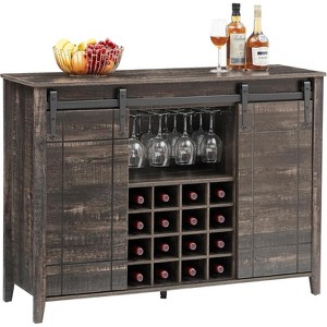 47" Wooden Wine Bar Cabinet with Sliding Door, Modern Liquor Whiskey Coffee Station with Wine Rack&Glass Holder - 1 of 4
