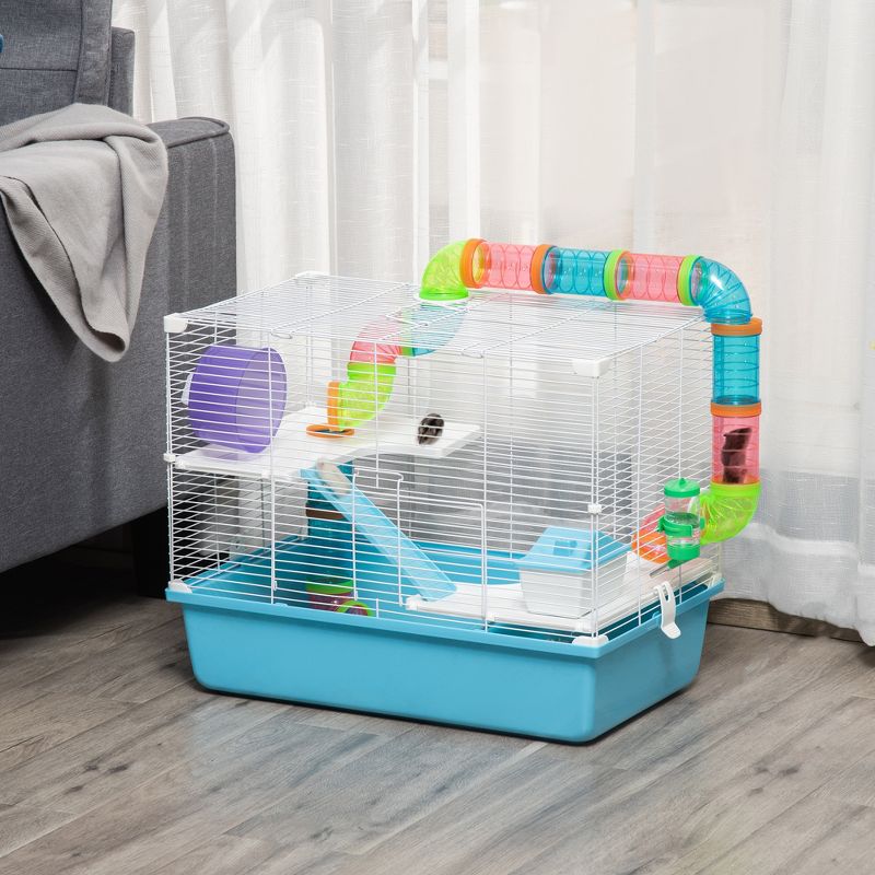 PawHut Large Hamster Cage and Habitat, 3-Level Steel Rat Cage, Small Animal House, with Tube Tunnels, Exercise Wheel, 23" x 14" x 18.5", Light Blue, 4 of 8