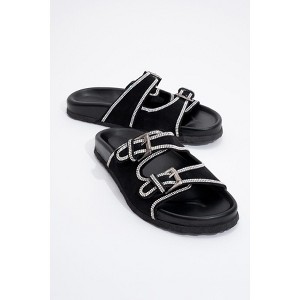 Allen - Black Leather Rhinestone Slide Sandal (Women) | Forever & Always Shoes - 1 of 4