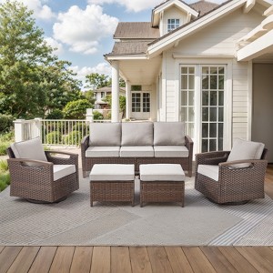 Belord 4 Piece Patio Furniture Set, All Weather Brown Wicker Outdoor Conversation Set with Patio Couch, Swivel Glider Chairs, and Metal Coffee Table - 1 of 4