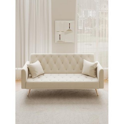 SYFERLORY 71 inch convertible love seat sofa, American retro beige velvet, suitable for small living room, bedroom, office