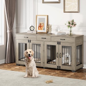 Double Dog Crate Furniture, 71 in  Indoor Wooden Dog Kennel with Removable Divider, 3 Drawers, for Medium Large Breeds, Brown+White - 1 of 4