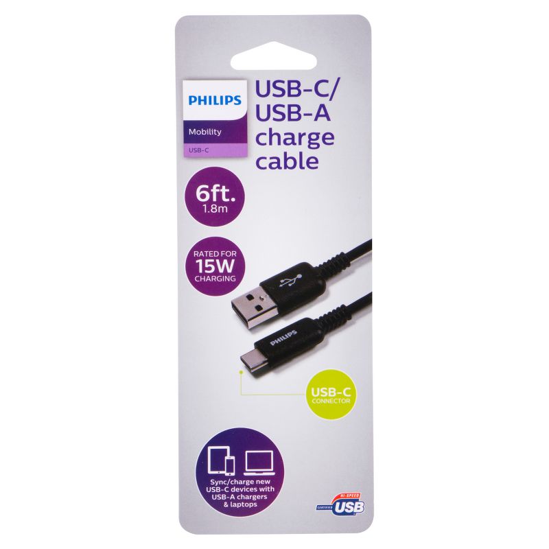 Philips 6' Cable, USB-A to USB-C 15W Charge - Black, 6 of 10