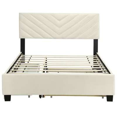 HomeRoots Beige Tufted Upholstered Queen Bed Frame With Trundle And Drawers