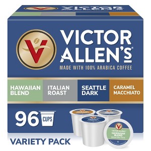 Victor Allen's Coffee Variety Pack (Hawaiian, Italian, Seattle Dark, Caramel Macchiato), 96 Count, Single Serve Coffee Pods for Keurig K-Cup Brewers - 1 of 4