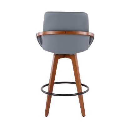26" Gray Faux Leather and Walnut Wood Swivel Counter Stool