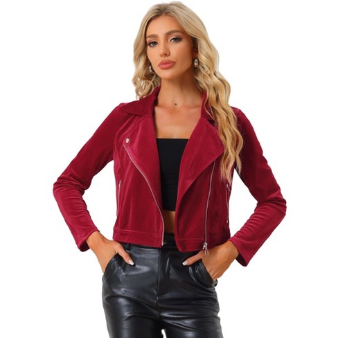 Allegra K Women's Velvet Zipper Lapel Collar Moto Biker Jacket - image 1 of 4