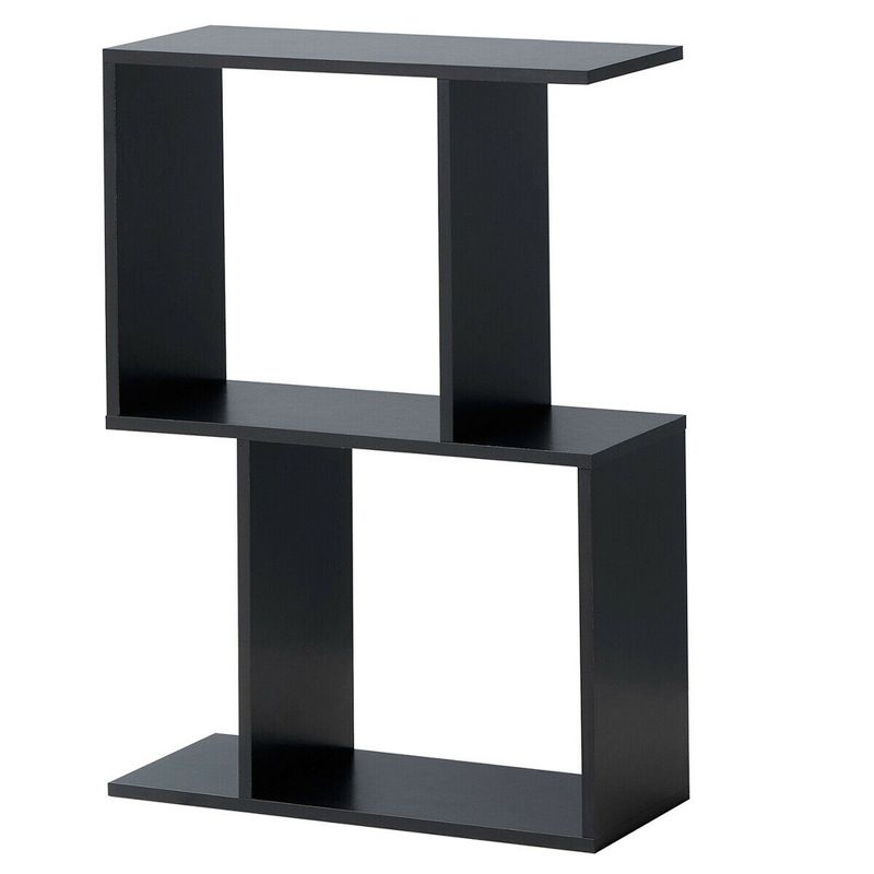 Costway 2-tier S-Shaped Bookcase Free Standing Storage Rack Wooden Display Decor Black, 1 of 11