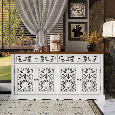 FUFU&GAGA White Buffet with Classical Aesthetics and Hollow Relief - Patterned Doors Sideboard Bar Cabinet Pantry