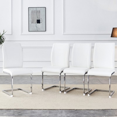 FURNIinspire Dining Chairs Luxury Simple Arch Chair For Dining room, Set of 4 PU Dining Chairs with Silver Metal Leg And Cushion, White, 17"*22"*39"