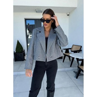 Women's Short Wool Blend Blazer Jacket, Notched Lapel Button Up Jacket
