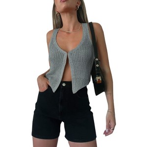 Womens cute Vest Shirts Semi Sheer Crochet Tops Cropped Vest Knit Sweater Tank Tops U Ncek Sleevless Cardigan Fancy Summer Tops - 1 of 3