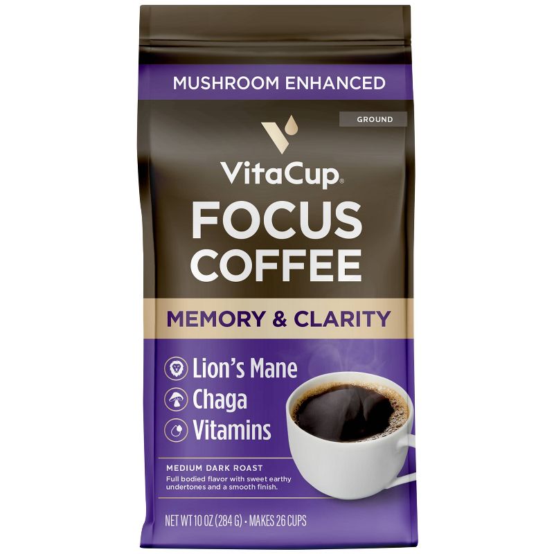 VitaCup Focus Ground Coffee Medium Roast Cognitive &#38; Immunity Support Lions Mane, Chaga Mushroom &#38; B Vitamin - 10oz, 1 of 6