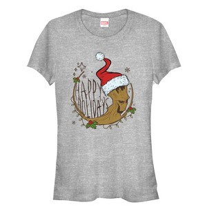 Juniors Womens Marvel Christmas Guardians of the Galaxy Groot Cartoon T-Shirt - 1 of 3