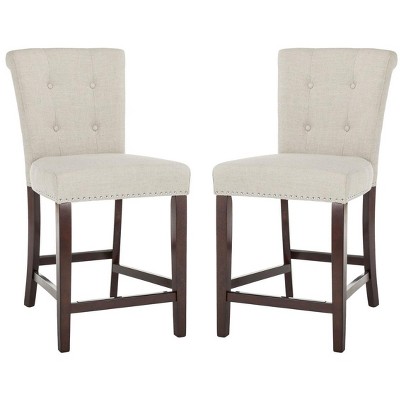 Transitional Light Grey Linen and Wood Counter Stools, Set of 2