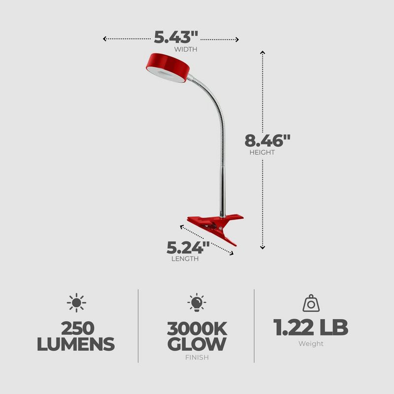 Globe Electric 8.46 Inch 5 Watt Glossy Chrome Goose Neck Clip Lamp with Integrated LED Bulb, 35,000 Hours Lifespan, and 250 Lumens, Red, 2 of 7