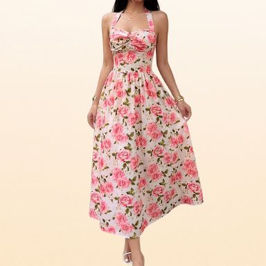smocked halter midi dress in floral EadianDree Womens Print Neck Back A Line Sundress Sweetheart Bust Ruched Bow Front Casual Summer Vacation Dress,Pink na_07/20/2026