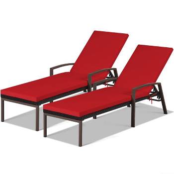 Tangkula 2PCS Patio Rattan Wicker Lounge Chair Back Adjustable Recliner Chaise w/ Red Cushion