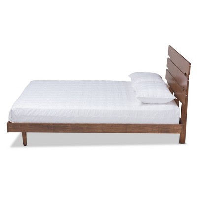 Queen Walnut Rubberwood Platform Bed with Slatted Headboard