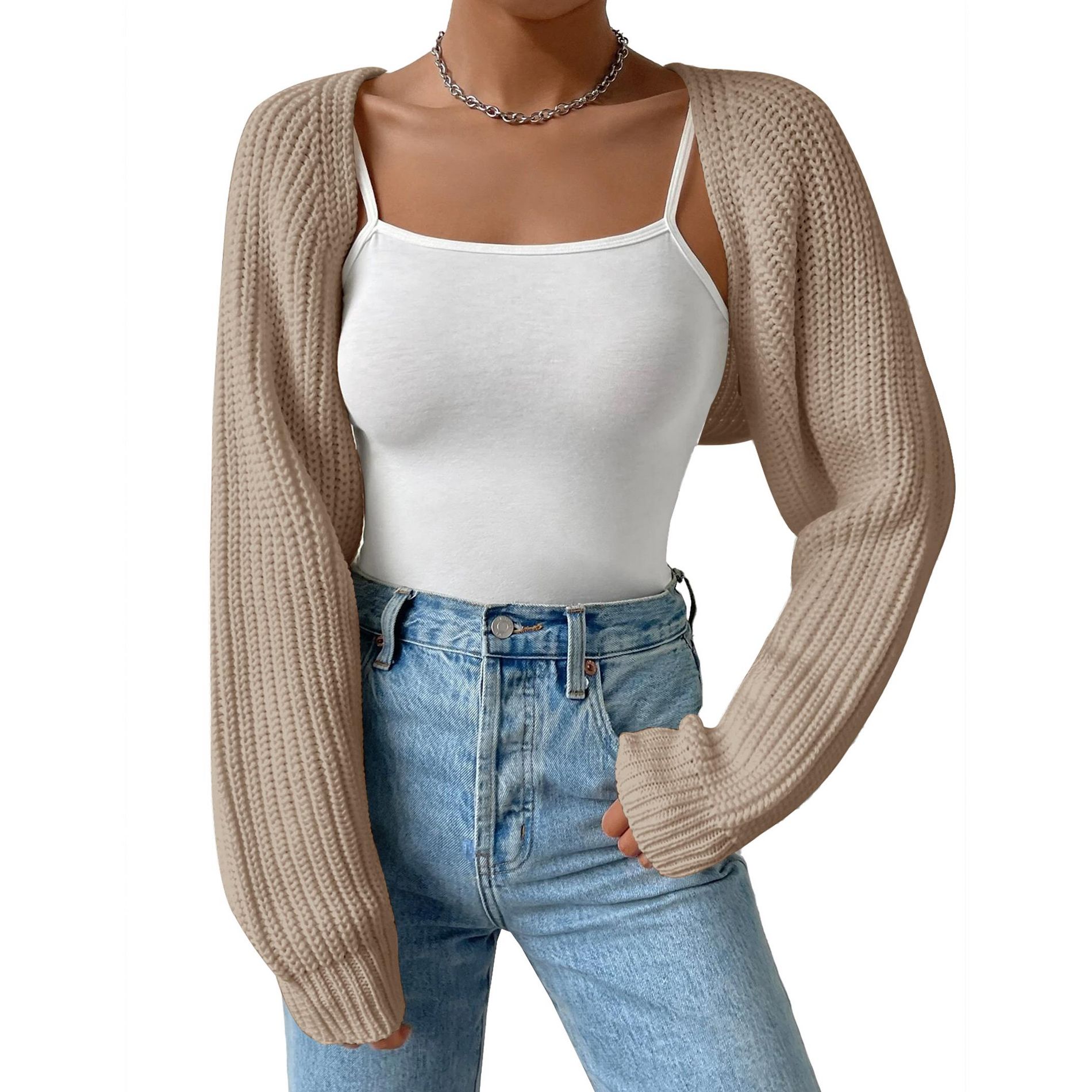 Women's Open Front Crop Cardigan Drop Shoulder Knit Bolero Shrug Long Sleeve Sweater
