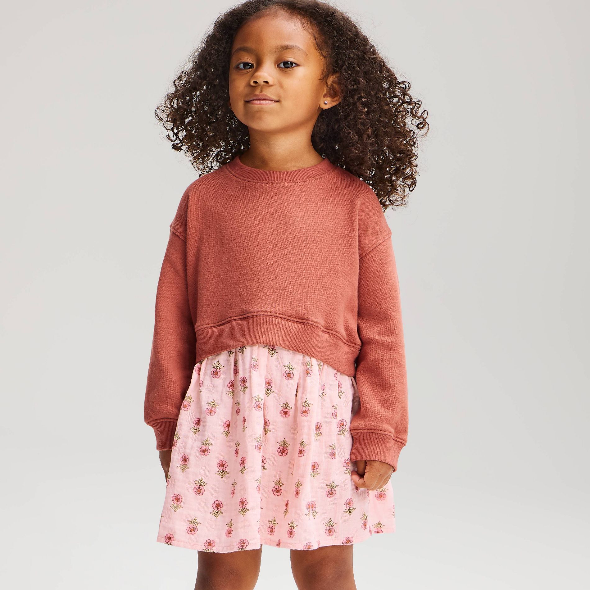 Toddler Girls' Floral Knit to Woven Dress - Cat & Jack™ Pink 3T