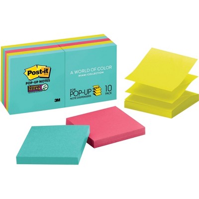 Post-it Super Sticky Pop-Up Notes, 3 x 3 Inches, Miami Colors, 10 Pads with 90 Sheets
