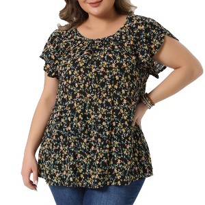 Women's Plus Size Floral Pleated Front Crew Neck Tulip Sleeve Dressy Summer  Blouse - Agnes Orinda - 1 of 4