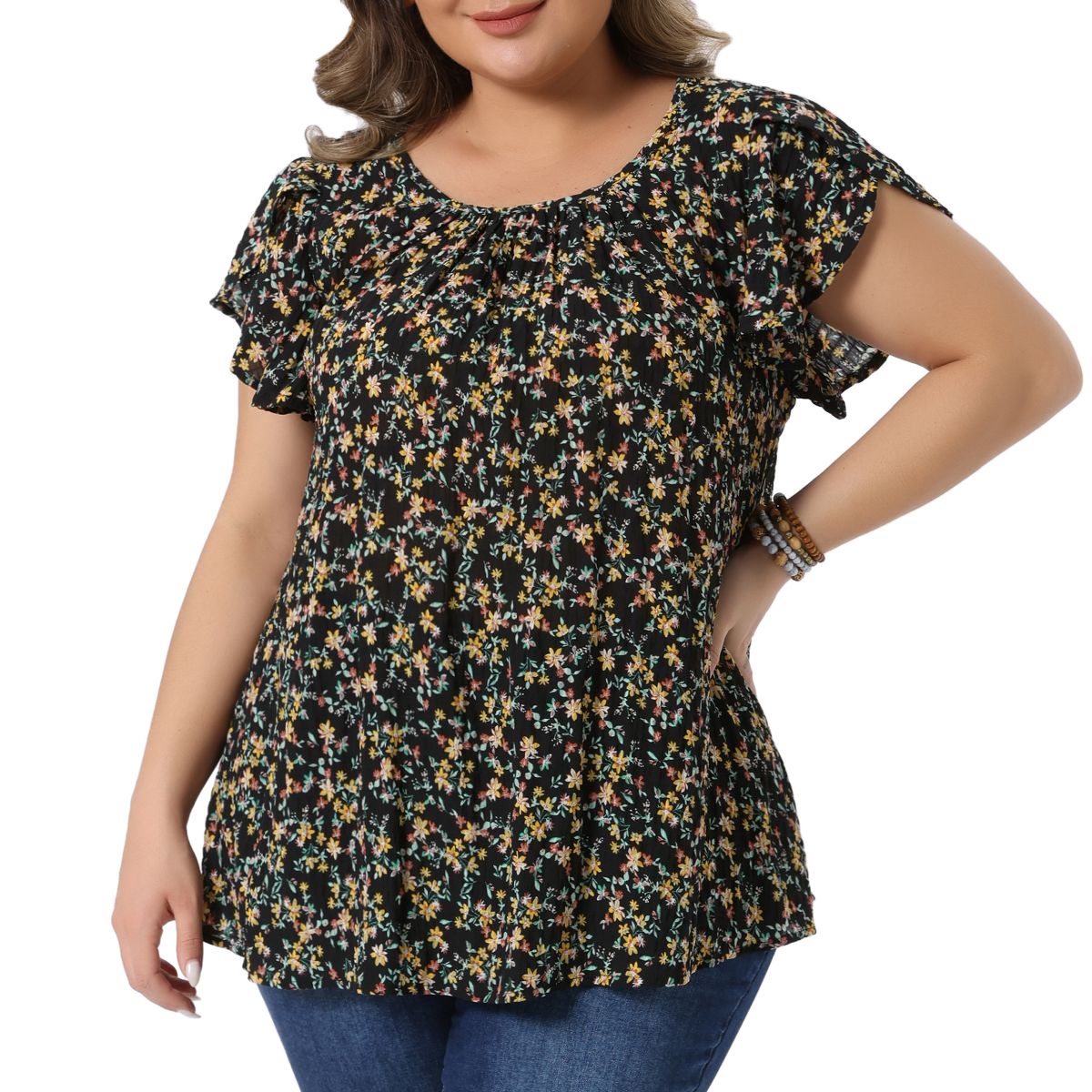 Women's Plus Size Floral Pleated Front Crew Neck Tulip Sleeve Dressy Summer Blouse - Agnes Orinda