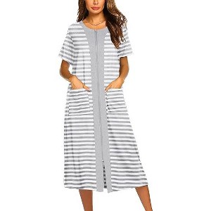 Ekouaer Robes For Women Zipper Front Bathrobe Short Sleeve House Coat Long Nightgown With Pockets Soft Loungewear - 1 of 3