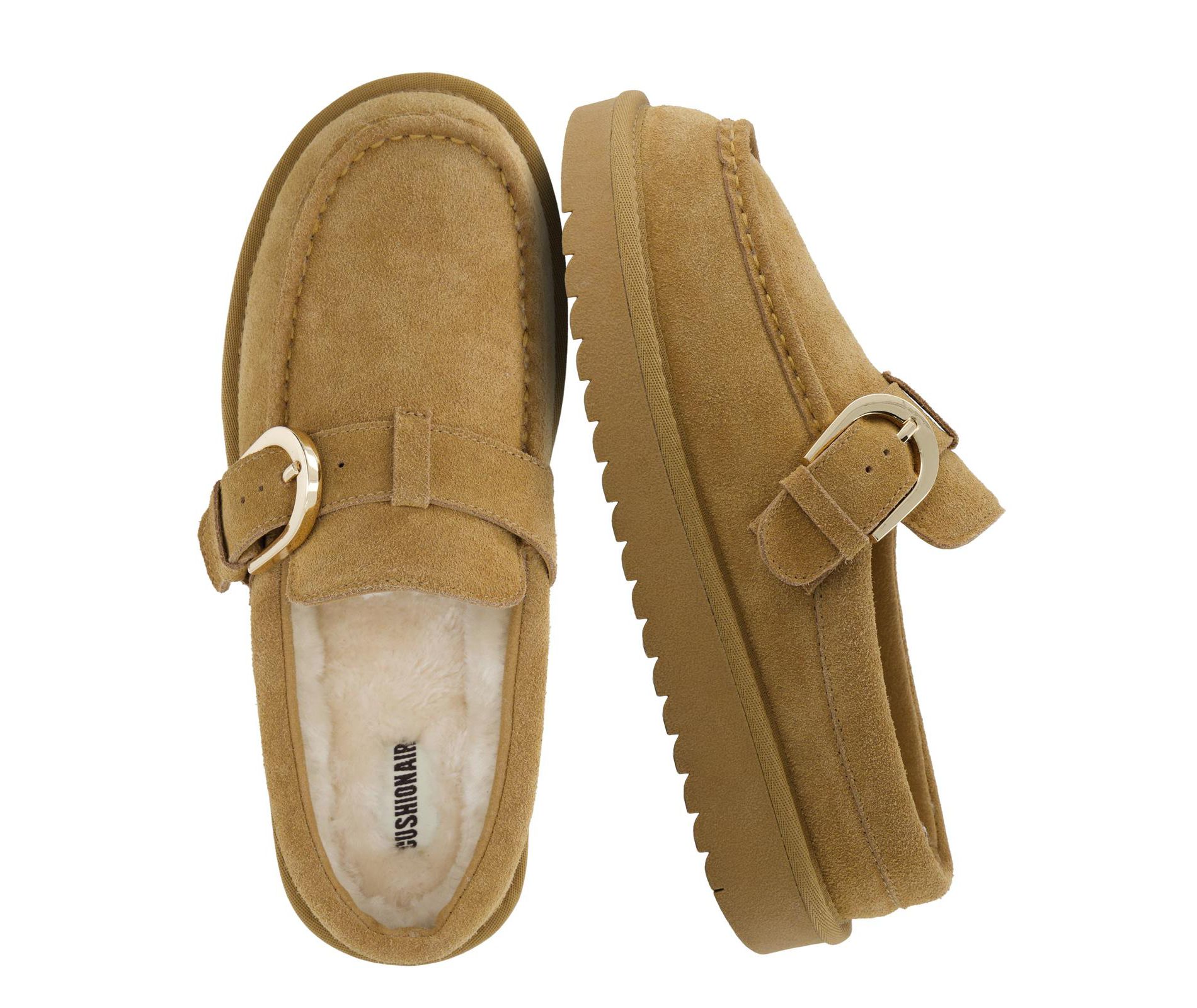 CUSHIONAIRE Origin Genuine Suede Mule Clogs for Women, Cozy Slip-On Moc Toe Loafer with Buckle and Faux Fur Cushioned Footbed