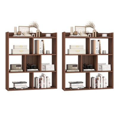 Tangkula 2pcs 7 Cubes Open-back Bookshelf Home Storage Display Shelf Horizontal Wooden Bookcase Free-standing Storage Unit with Anti-Toppling Devices Floor Organizer Rack for Bedroom Study Living Room Walnut / White