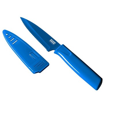 Kuhn Rikon Colori Non-Stick Serrated Paring Knife with Safety Sheath, 4  inch, Gray