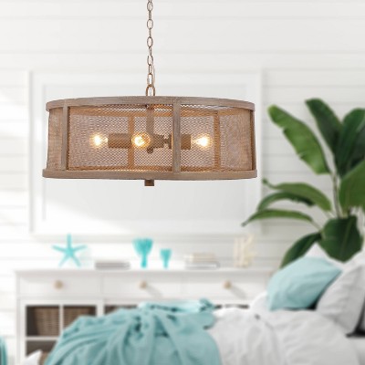 Rustic Farmhouse Woodgrain Metal Drum Chandelier with Mesh Sides