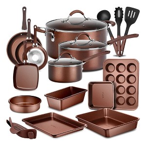 NutriChef Metallic Nonstick Ceramic Cooking Kitchen Cookware Pots and Pan Set with Lids, Utensils, and Cool Touch Handle Grips, 20 Piece Set, AGold - 1 of 4