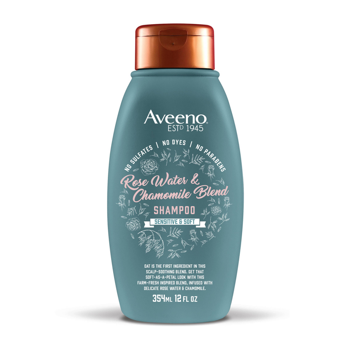 Aveeno Scalp Soothing Rose Water & Chamomile Blend Sensitive & Soft Shampoo 12 fl oz product package