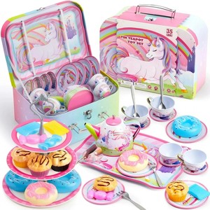 Joyfy 35 Pcs Unicorn Tea Party Set for Girls with Desserts, Doughnuts, and Carrying Case, Play Kitchen Toy, Birthday Easter Gifts for Kids Age 3 4 5 6 - 1 of 4